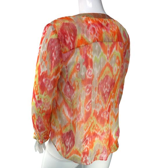 Chicos Womens Size 2 US 12 L Summer Ikat Moria Top Multicolor Sheer Blouse - Picture 6 of 15